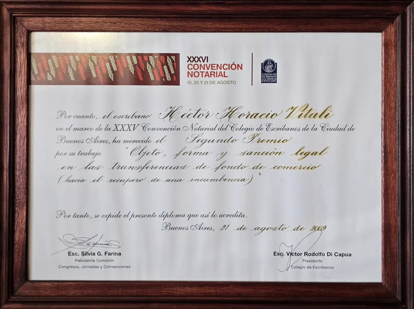 Diploma: segundo premio, XXXV Convención Notarial
