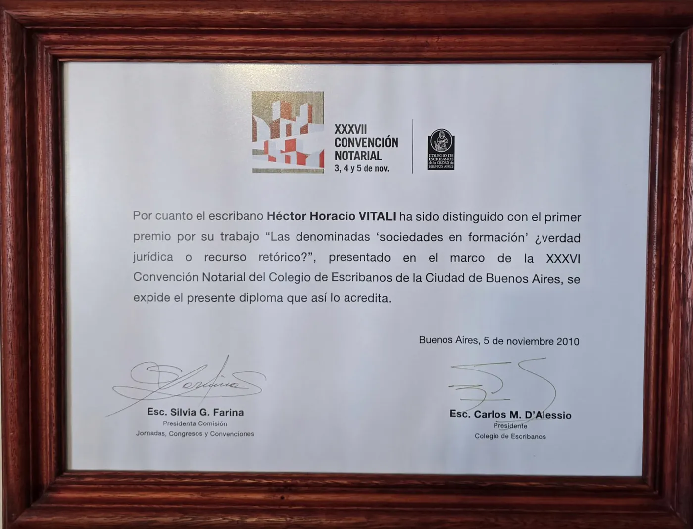 Diploma: primer premio, XXXVII Convención Notarial