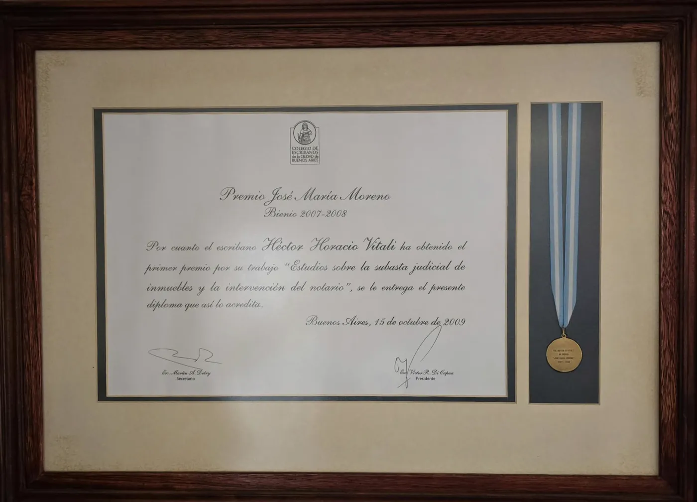 Diploma y medalla del Premio José María Moreno, bienio 2007–2008